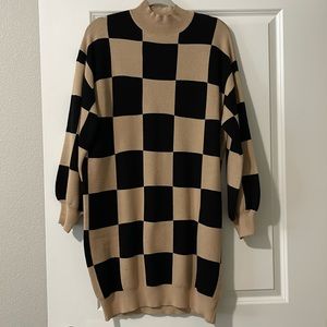 Blu Pepper tan and black checkered sweater dress